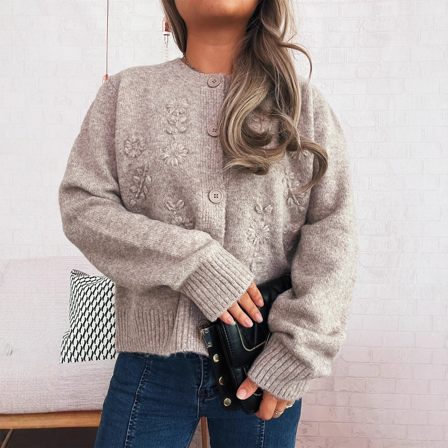Simple Casual Flower Cardigan Round Neck Long Sleeve Sweater