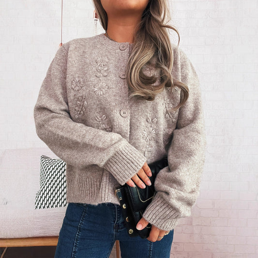 Simple Casual Flower Cardigan Round Neck Long Sleeve Sweater
