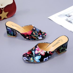 Dame fritids udendørs slip-in sandaler med tyk hæl og print