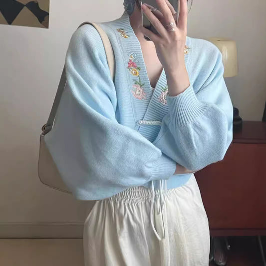 Fall Winter Coat Short Slimming V-neck Vintage Sweater Cardigan For Women