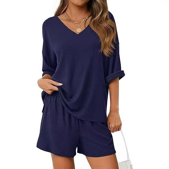 Womens Casual Commuter Two-Piece Set Short-Sleeve T-Shirt And Cropped Shorts