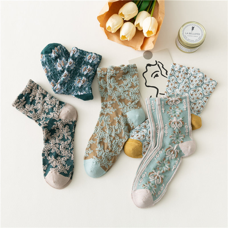 Women's Literary Medium Tube Retro Forest Green Socks