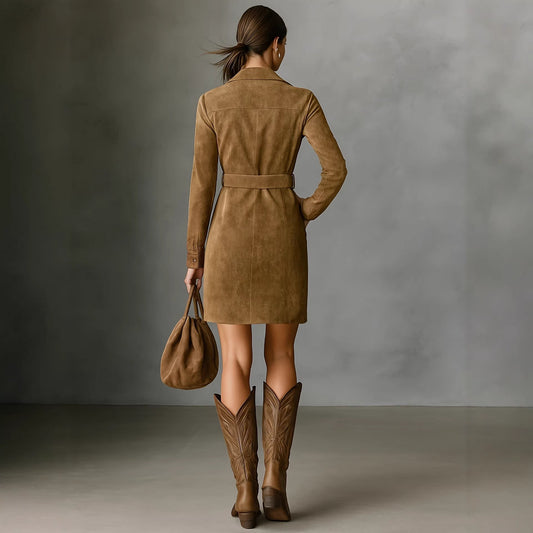 Retro-style Notched-collar Waist-cinching Midi Dress