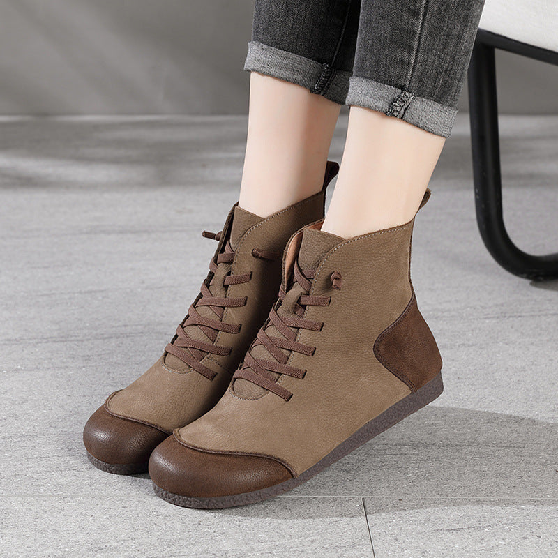 New Retro Leather High-top Women's Boots With Round Head Stitching