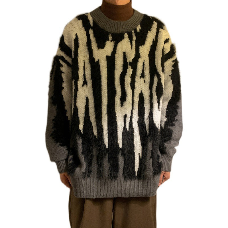 Splice Knit Thickened Crew Neck Loose Pullover Sweater