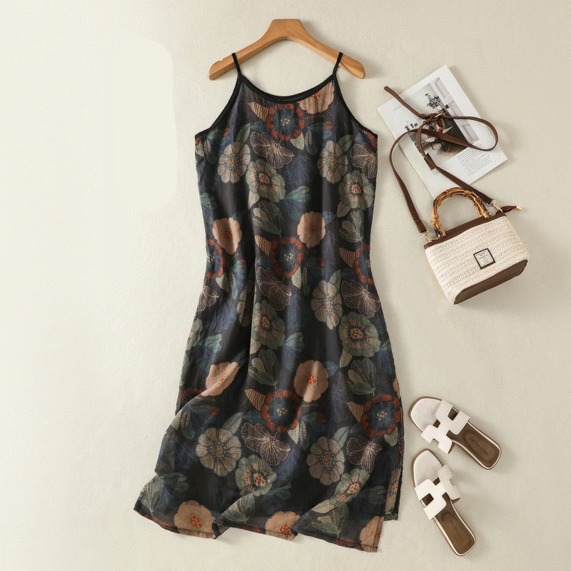 Womens Retro Printed Versatile Strap Maxi Dress
