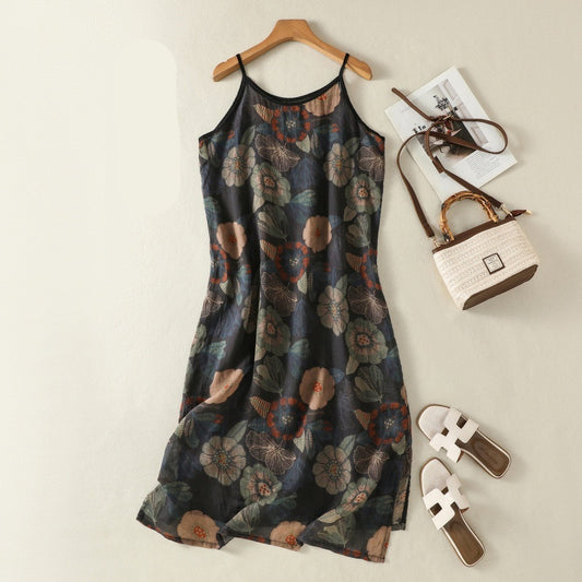 Womens Retro Printed Versatile Strap Maxi Dress