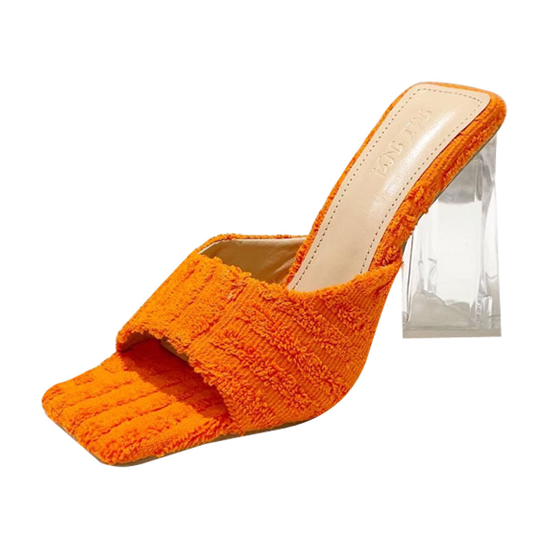 Towel Sandals And Slippers With Transparent Crystal Heel And Square Toe