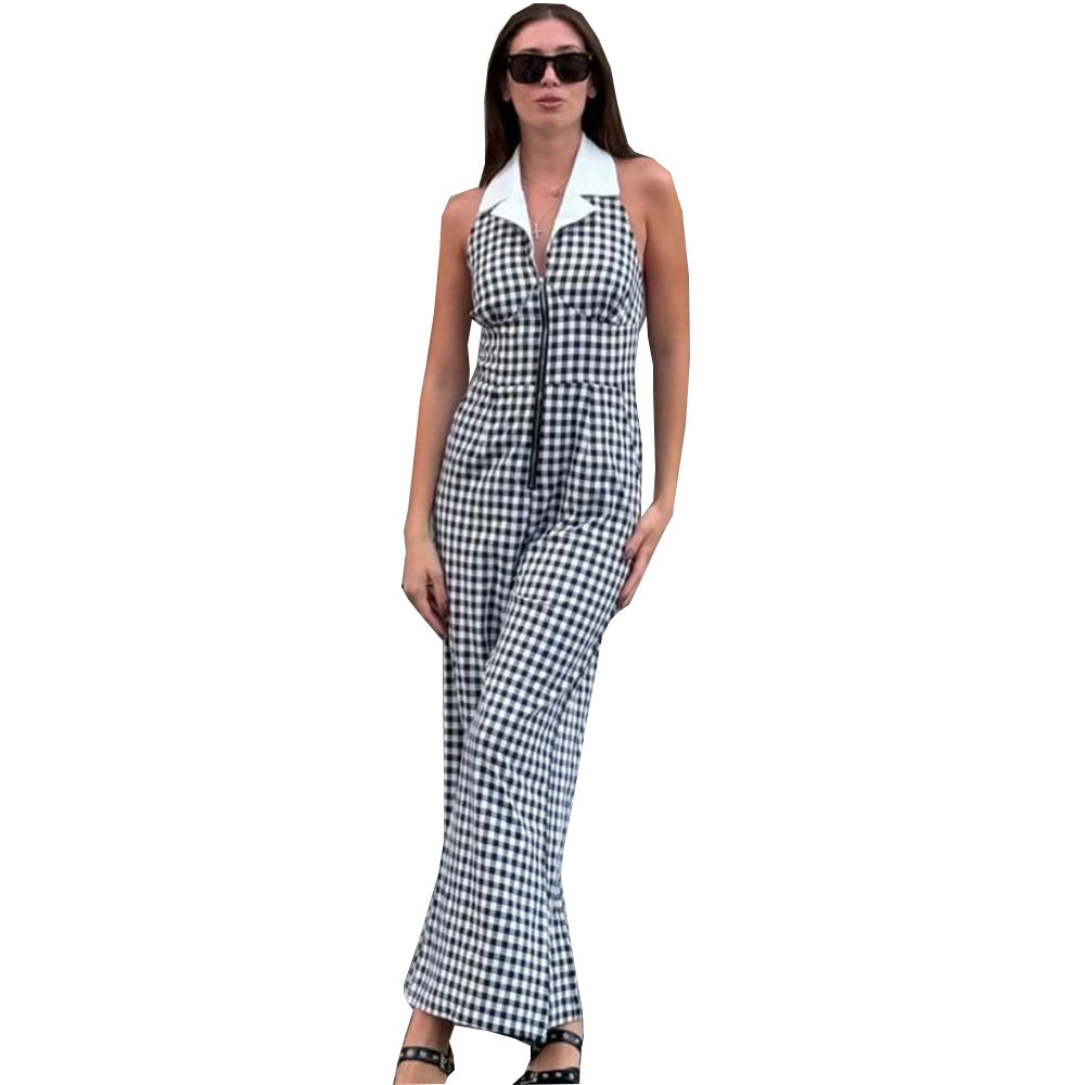 Sexy Backless Blouse Collar Zipper Plaid Jumpsuit
