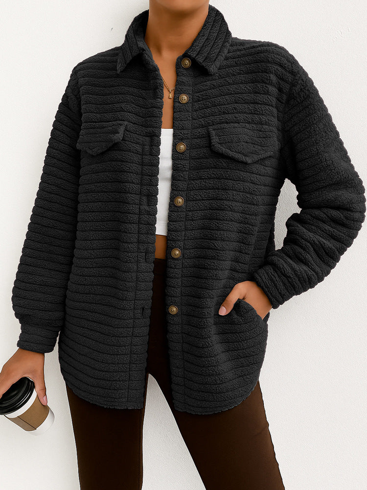 Casual Loose Fashion Striped Long Sleeves Cardigan Lapel Plush Coat