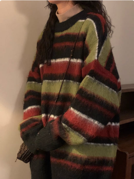 Retro Loose Contrast Color Striped Idle Style Round Neck Sweater