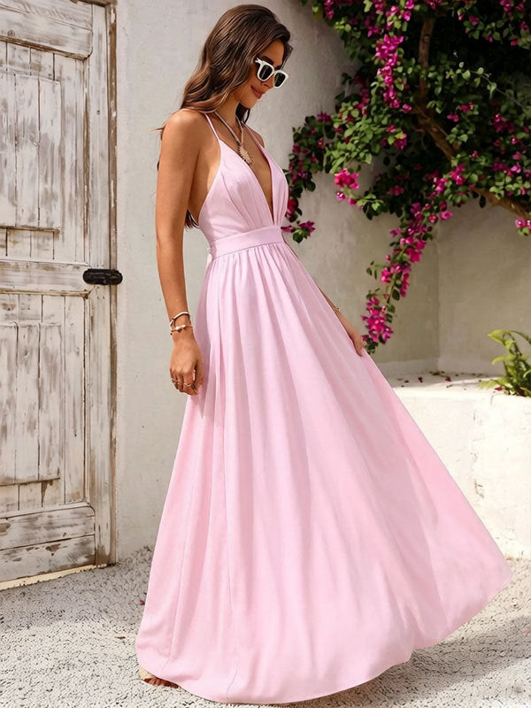 Bohemian Slip Dress With Deep V Neck And Positional Print