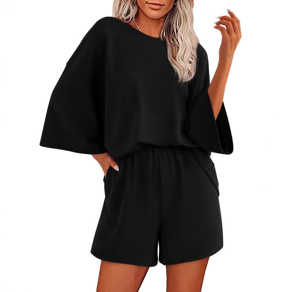 Solid-color Crewneck Short-sleeve Top And Elastic-waist Shorts Two-piece Set
