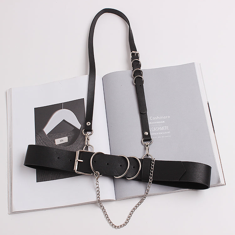 Concave shape black strap leather chain