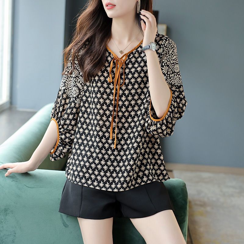 Women's Commuter Half Sleeve Lace Printing Chiffon Shirt