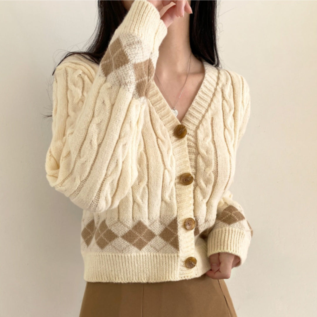 Plaid Hemp Pattern V-neck Single Breasted Cardigan Top