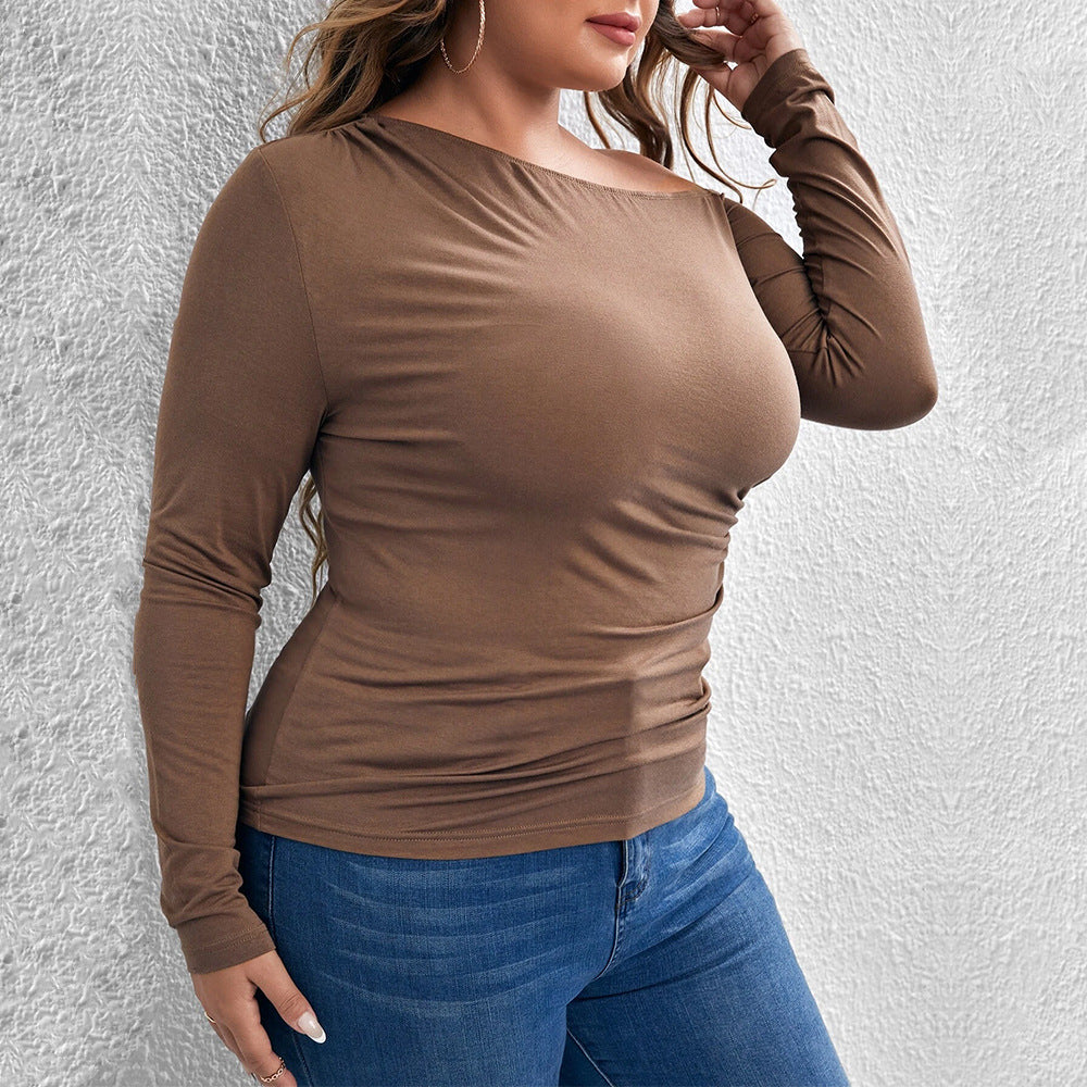 Dame Slim-fit Sexet Off-shoulder Strikket Top med Skrå Krave og Lange Ærmer
