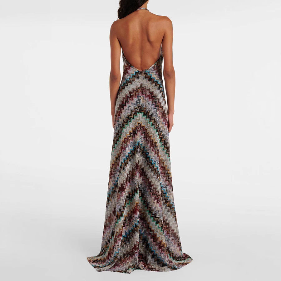 Womens Slanted Stripe Halterneck Sleeveless Printed Dress