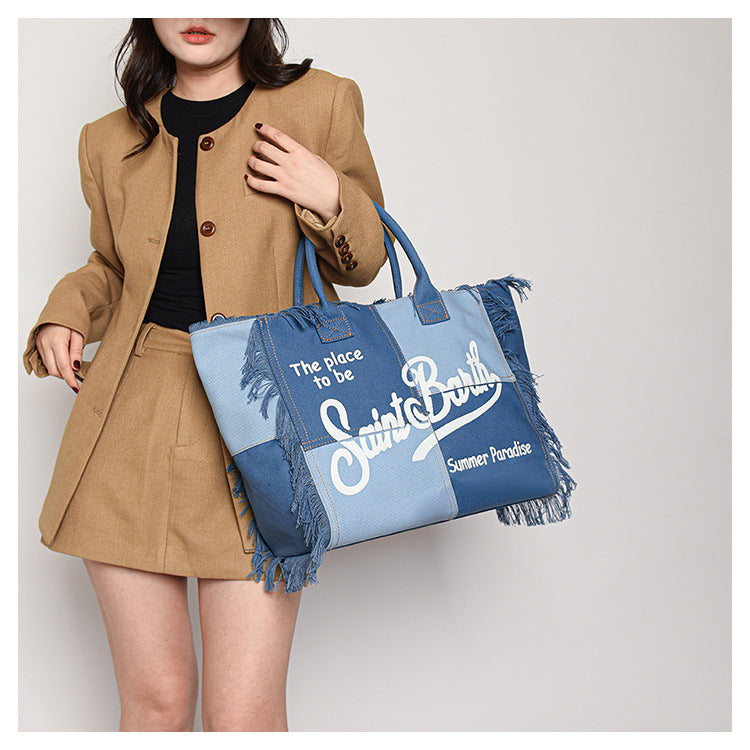 Women's Korean-style Letter Tassel Canvas Bag With Large Capacity