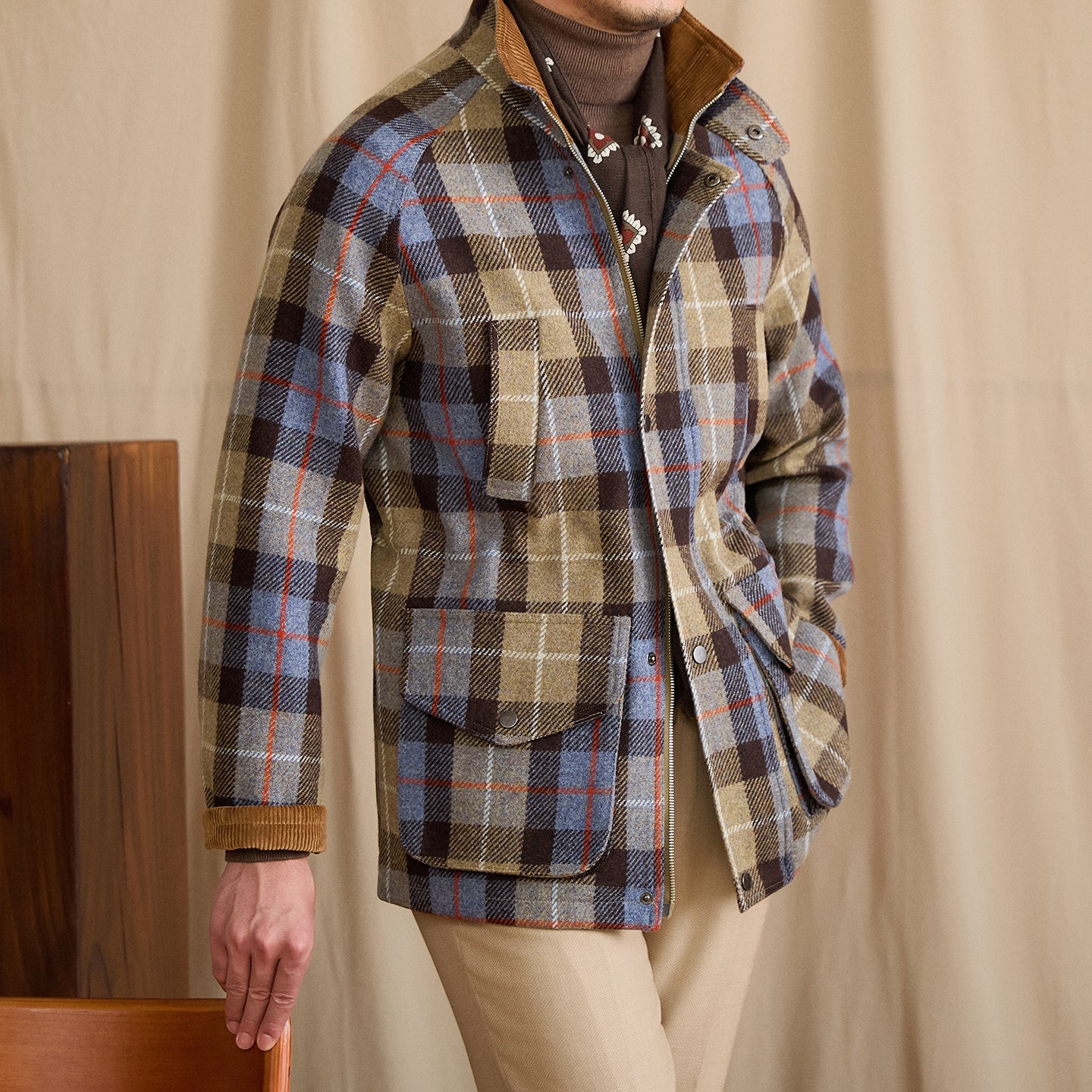 Casual Belted Hunting Jacket Wool Stand Collar Slim Coat
