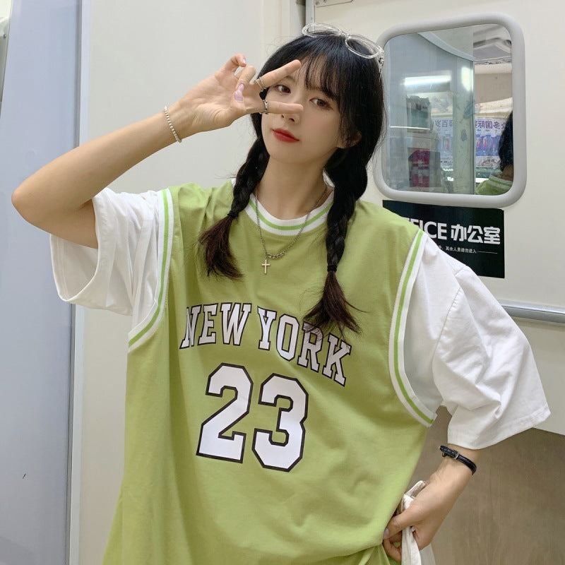 Fake Two-piece Baseball Uniform College Style Temperament Ins Trendy Top
