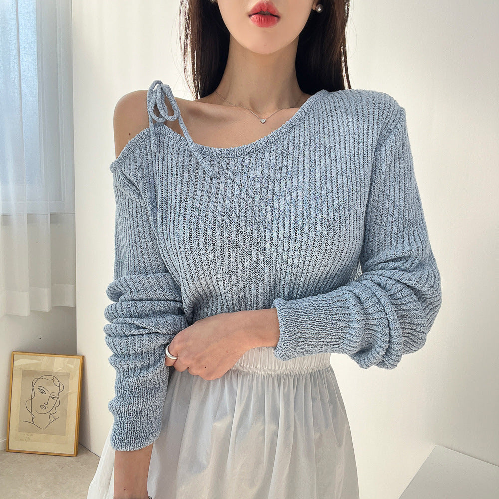 Lace-up Design Sunken Stripe Long-sleeved Sweater Women's Top
