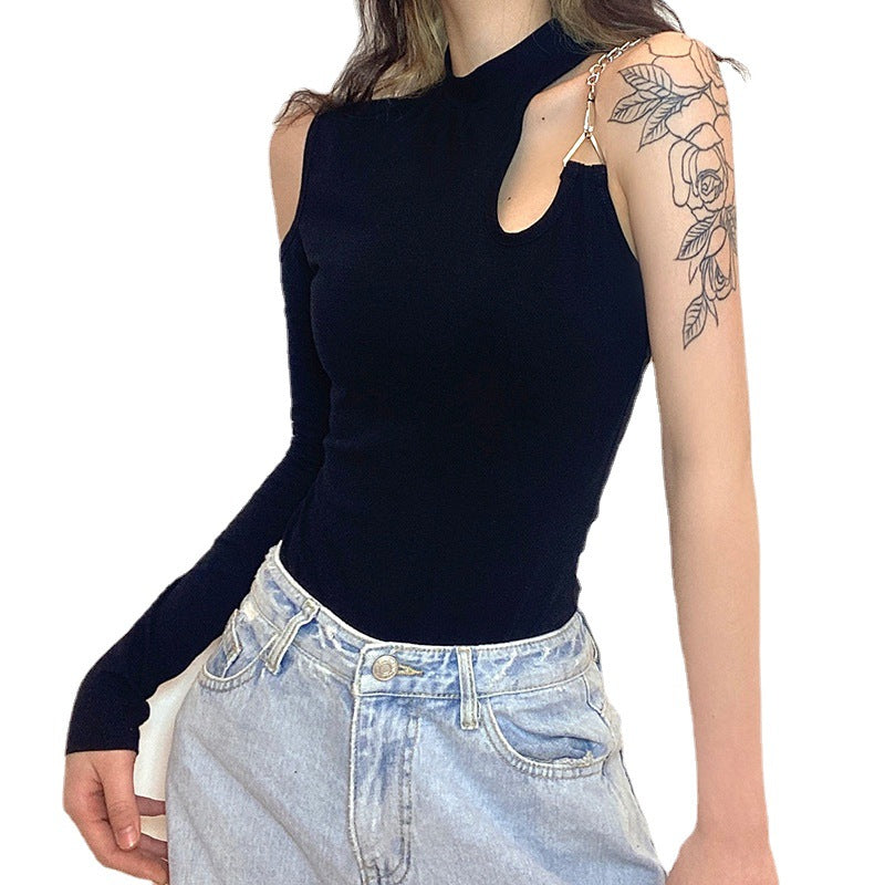 Asymmetric Half Sleeve Crew Neck Slim Bodysuit Solid Color Top
