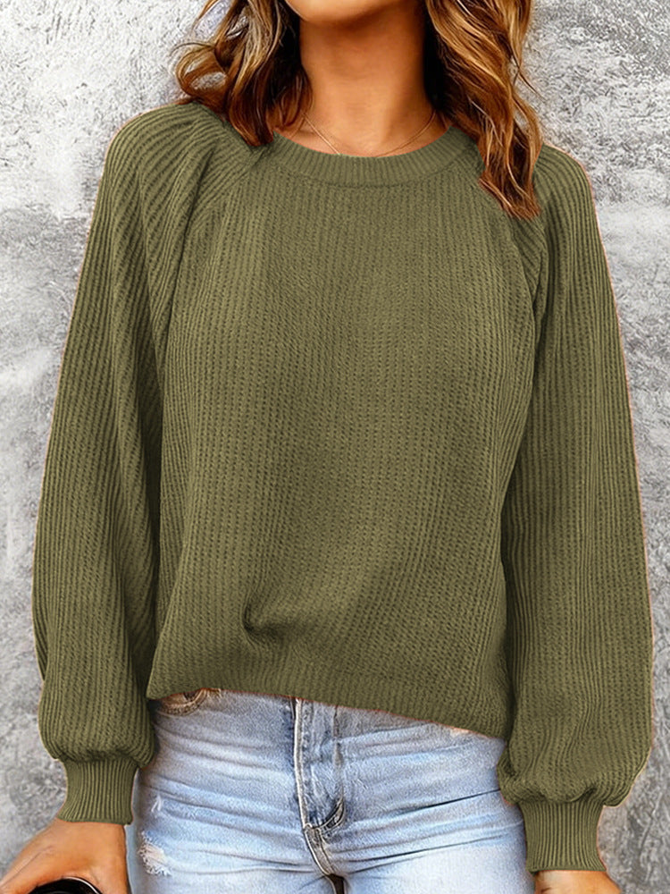 Fashionable Solid-Color Waffle-Knit Long-Sleeve Pullover Top