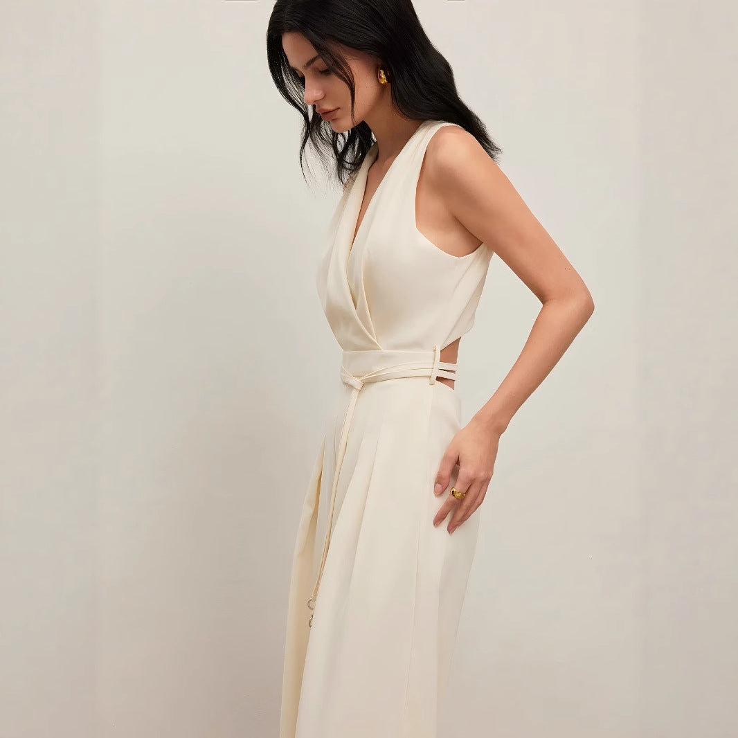 Ensfarvet og V-hals Ærmeløs Fashion Casual Jumpsuit til kvinder