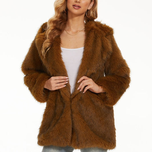 Mid-length Womens Faux Fur Coat Warm Long-sleeve Coat For Women