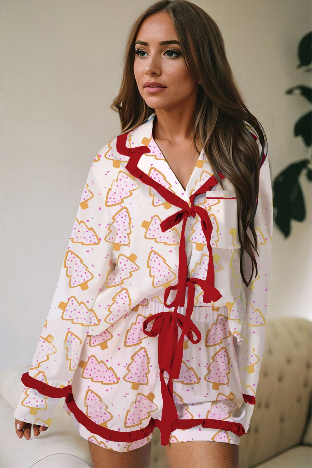 Casual Christmas Satin Printed Ruffle Strip Lace-up Pajamas Set