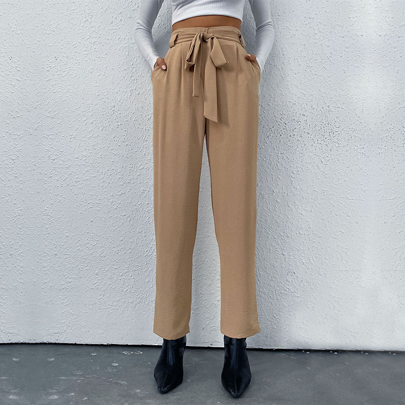 European And American Commuter Style Elastic Tie Wide Leg Pants For Women