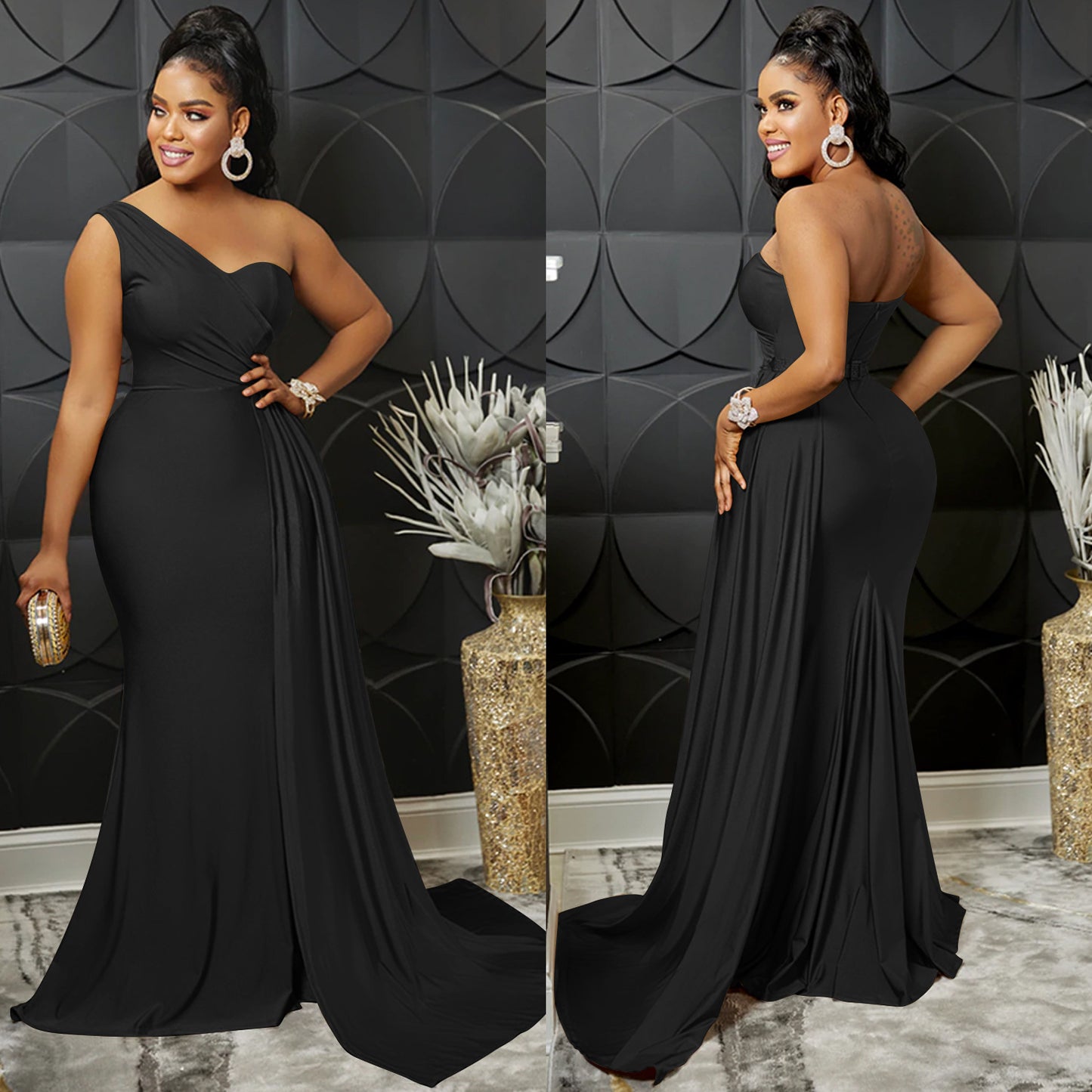 Solid-color Party Bodycon One-shoulder Sleeve Dress