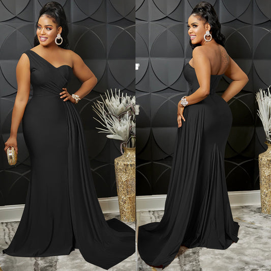 Solid-color Party Bodycon One-shoulder Sleeve Dress
