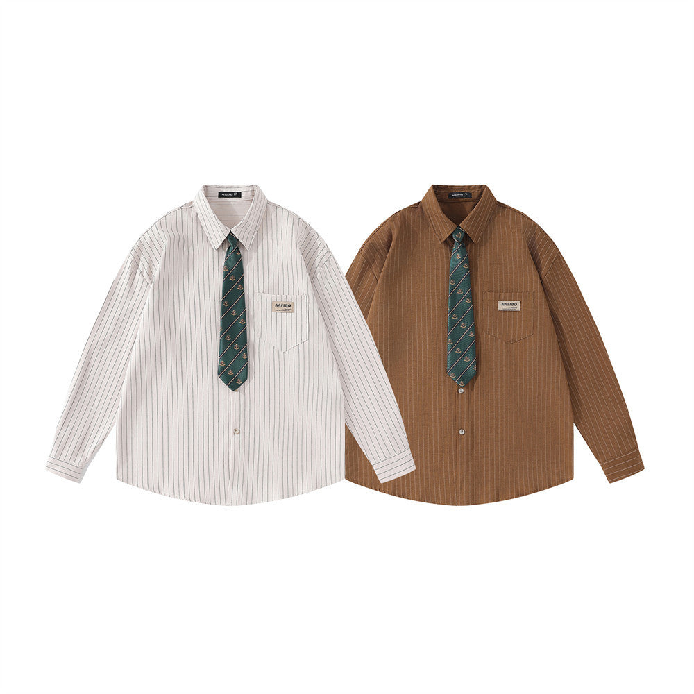 College Style Loose Long Sleeve Shirt With Tie And Vertical Stripes
