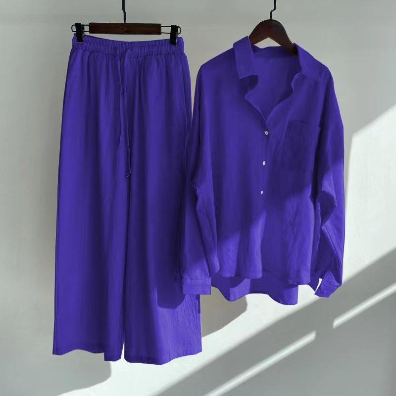 Women's 2-piece Retro Plus Size Shirt Outfit High Waist Loose Trousers