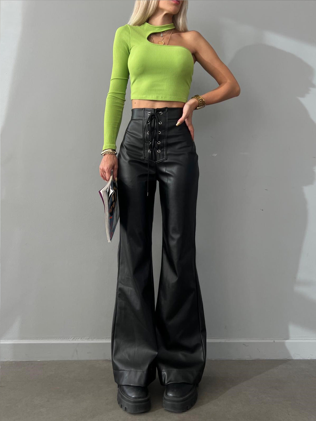 Women's Leather High Waist Stretch Metal Hole Lace-up Pants