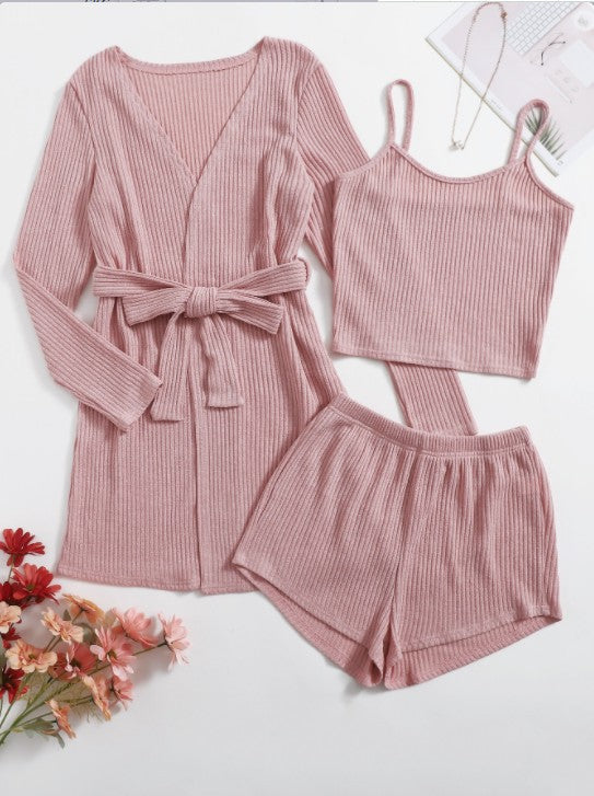 Lady Temperament Casual Solid Color 3-piece Set Suspender Shorts Homewear Suit