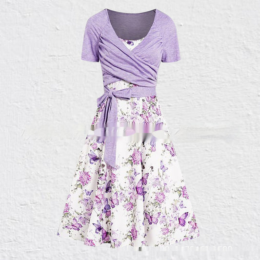 Women's Summer V-neck Short-sleeved Printed Dress Two-piece Set