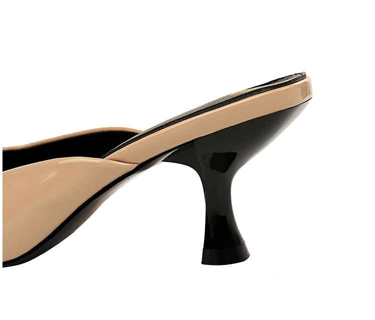 Simple High-heeled Square-toe Shallow-mouth Glossy Patent Leather Slippers