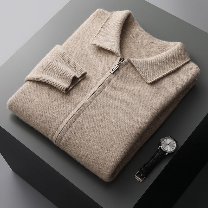Pure Wool Cardigan Men's Knitted Turn-down Collar Coat
