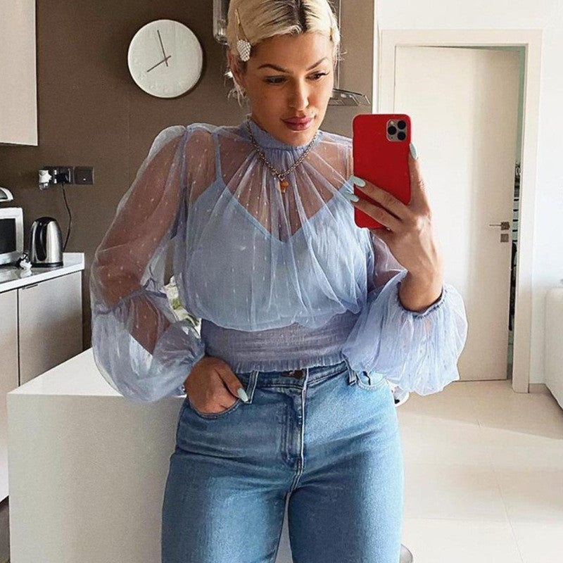 Women's Clothing New See-through Mesh Top Chiffon Shirt