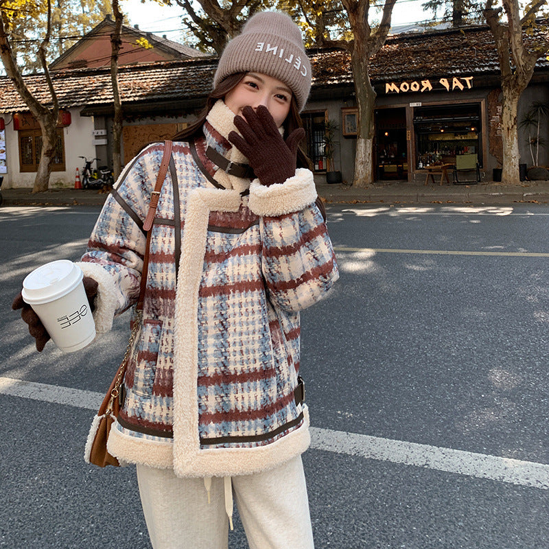 Retro Plaid Stand Collar Loose Fur Short Coat For Women