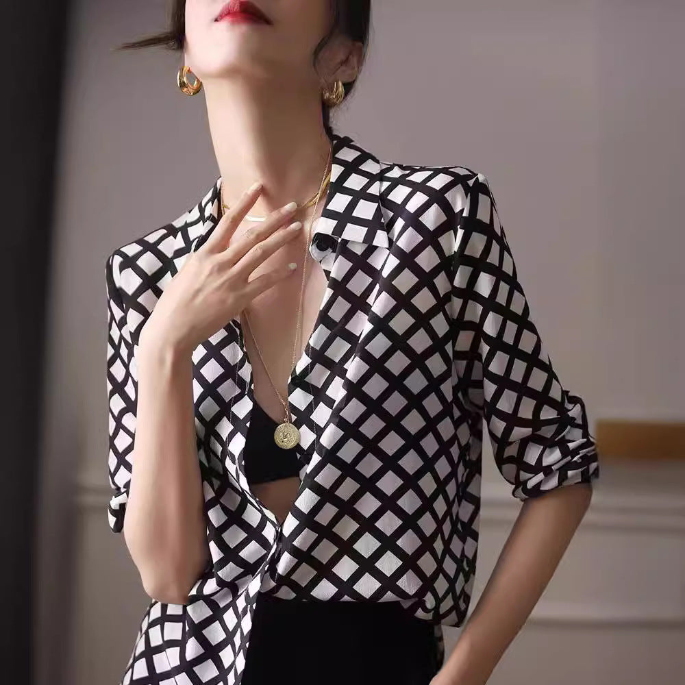 Womens Retro High-End Silk Satin Black And White Plaid Shirt