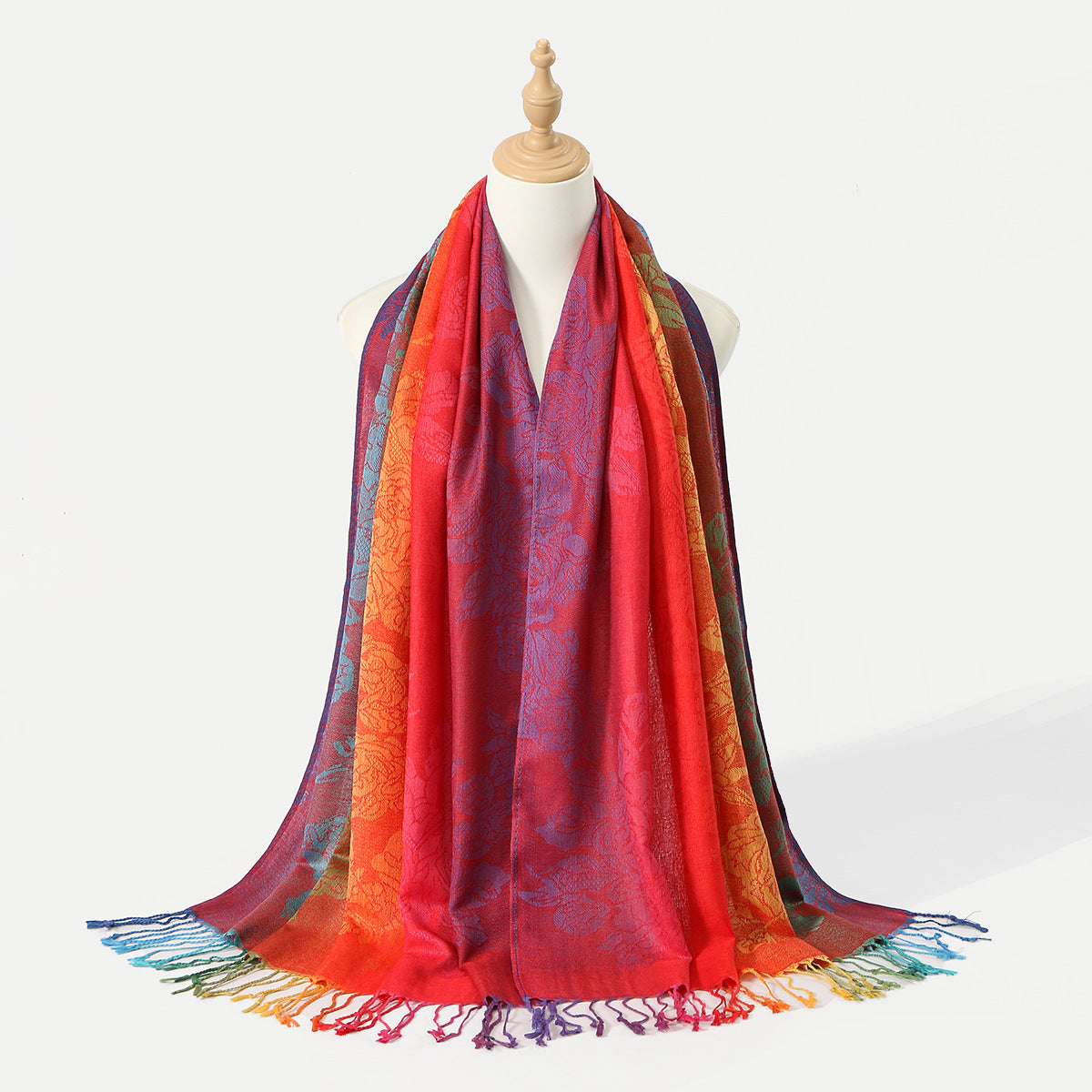 Womens Ethnic-Style Gradient Embroidered Colorful Cashew Tassel Shawl