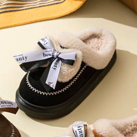 Women's Ribbon Bow Cute Thick Bottom Cotton Half Slippers