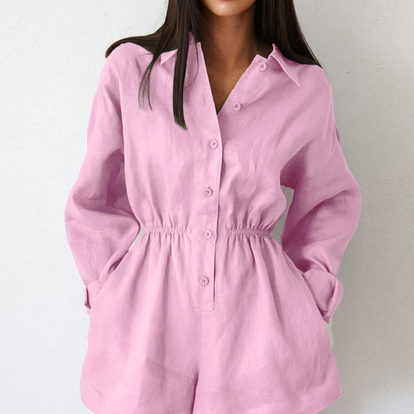 Versatile Solid-Color Casual Minimalist Lapel Jumpsuit