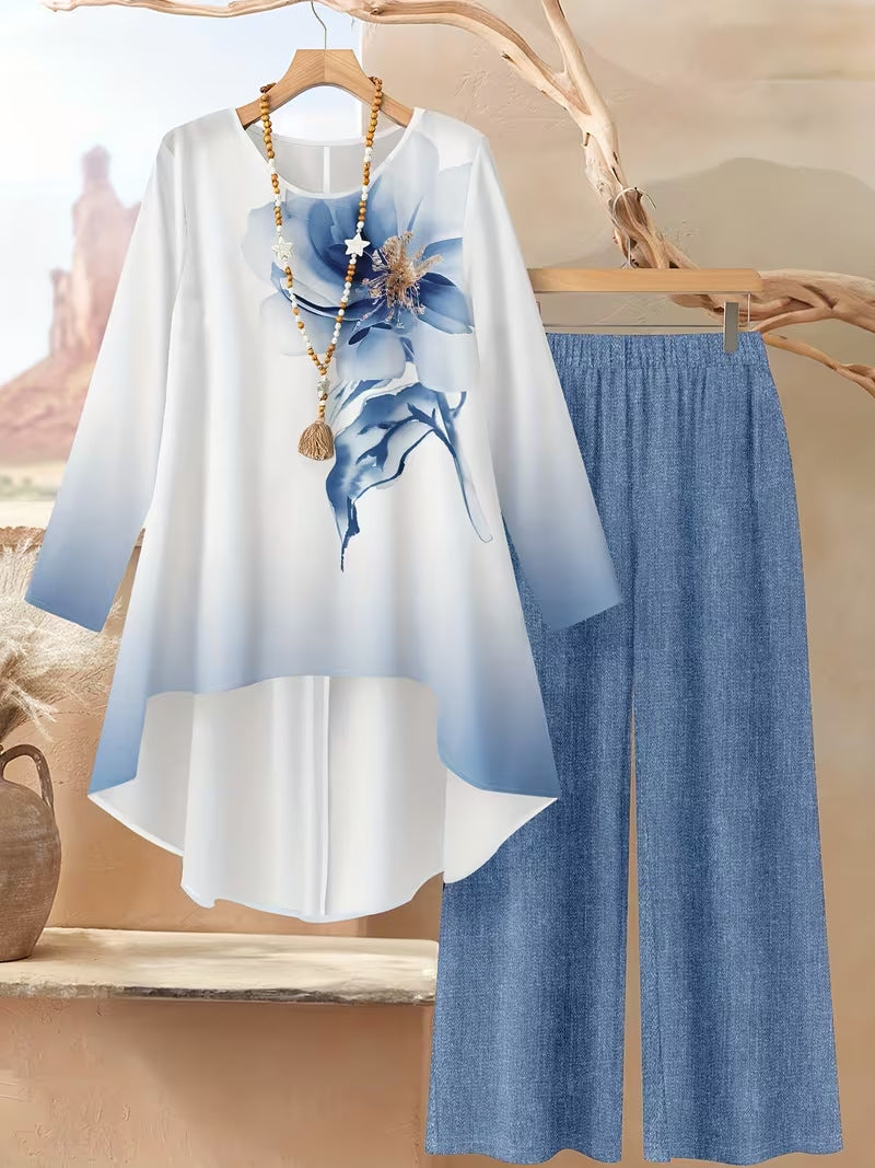 New Retro-print Loose-fitting Versatile Fashionable Casual Two-piece Set