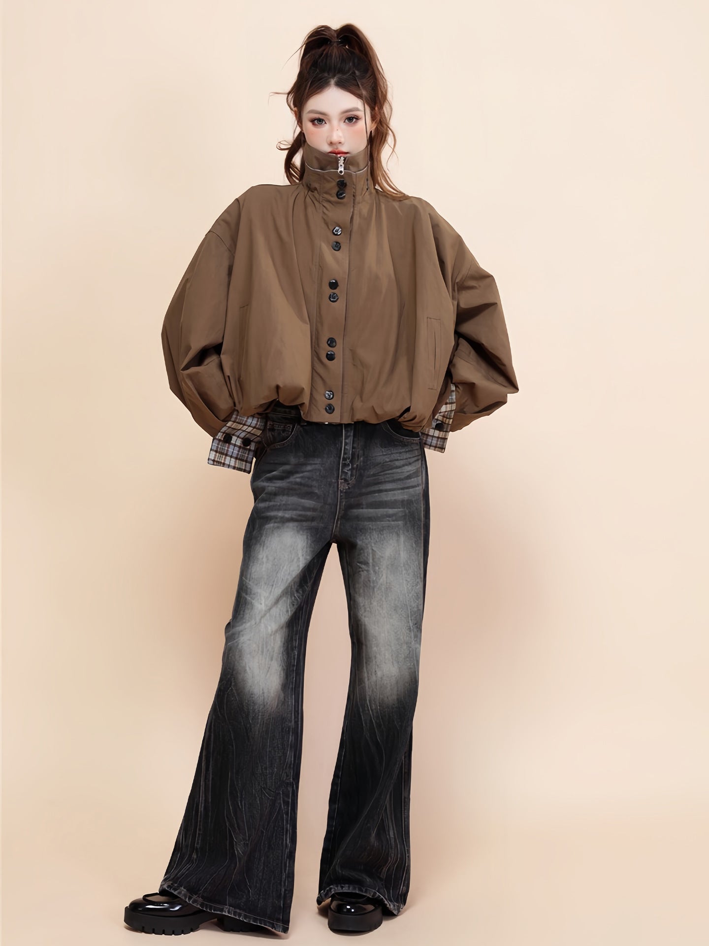 American Contrast Color Brown Double-sided Cotton Retro