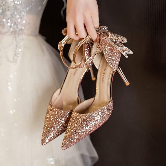 European And American Adult Banquet Sequined Bow Elegant Lady Fairy Buckle Closed Toe Women's High Heels